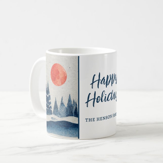 Winter Landscape Forest Moon Navy Blue Drawing  Coffee Mug (Front Left)
