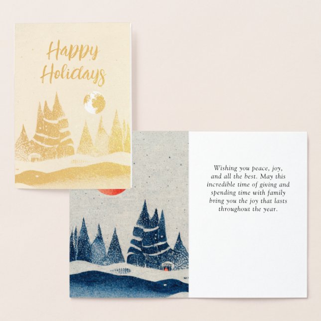 Winter Landscape Forest Moon Navy Blue Drawing Foil Card (Display)