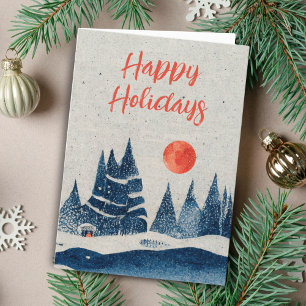 Winter Landscape Forest Moon Navy Blue Drawing Holiday Card
