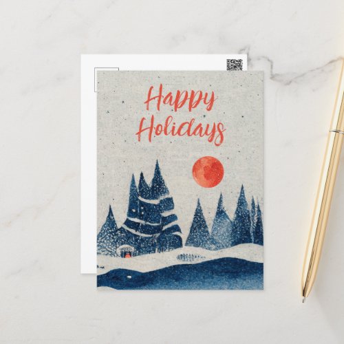 Winter Landscape Forest Moon Navy Blue Drawing  Holiday Postcard