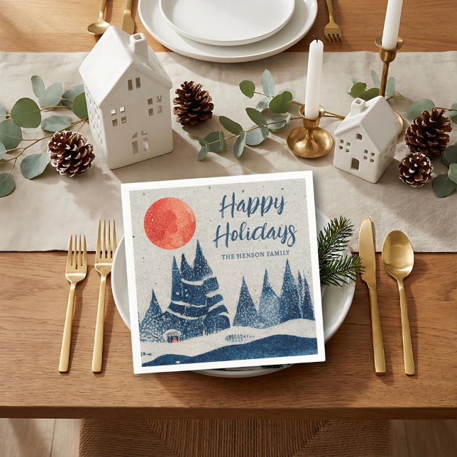 Winter Landscape Forest Moon Navy Blue Drawing  Napkins (Creator Uploaded)