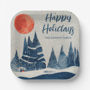 Winter Landscape Forest Moon Navy Blue Drawing  Paper Plates