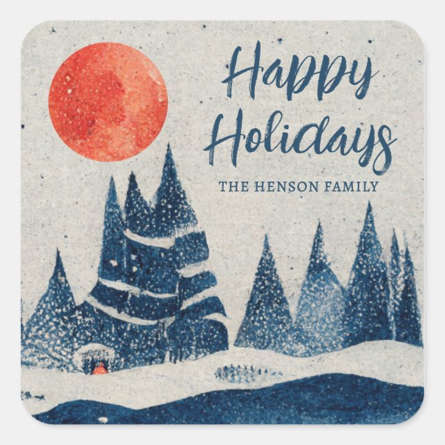 Winter Landscape Forest Moon Navy Blue Drawing  Square Sticker (Front)