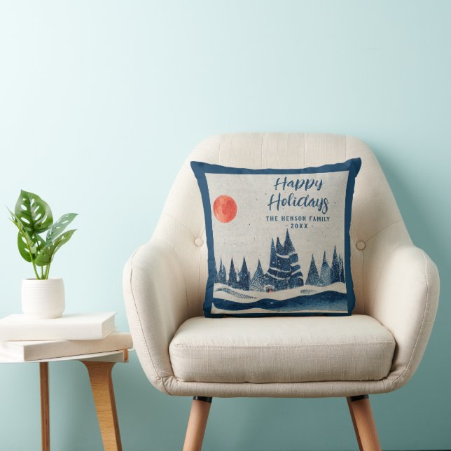 Winter Landscape Forest Moon Navy Blue Drawing  Throw Pillow (Chair)