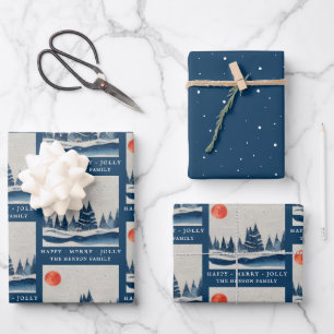 Winter Landscape Forest Moon Navy Blue Drawing Wrapping Paper Sheets