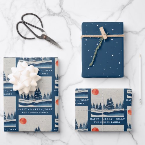 Winter Landscape Forest Moon Navy Blue Drawing  Wrapping Paper Sheets