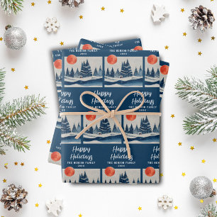 Winter Landscape Forest Moon Navy Blue Drawing  Wrapping Paper Sheets