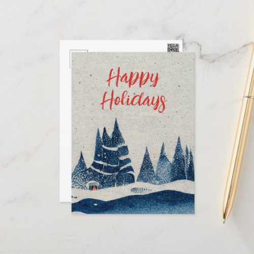 Winter Landscape Forest Navy Blue Drawing  Holiday Postcard