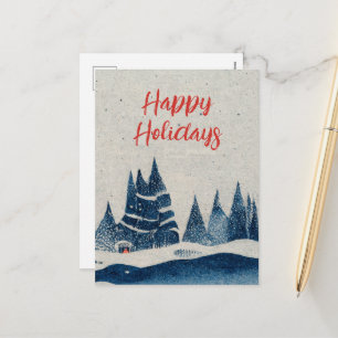 Winter Landscape Forest Navy Blue Drawing  Holiday Postcard