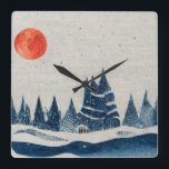 Winter Landscape Forest Navy Blue Red Drawing  Square Wall Clock<br><div class="desc">Winter Landscape Forest Navy Blue Red Drawing Holiday Square Wall Clock. Calm winter snow landscape with forest and orange-red moon.</div>