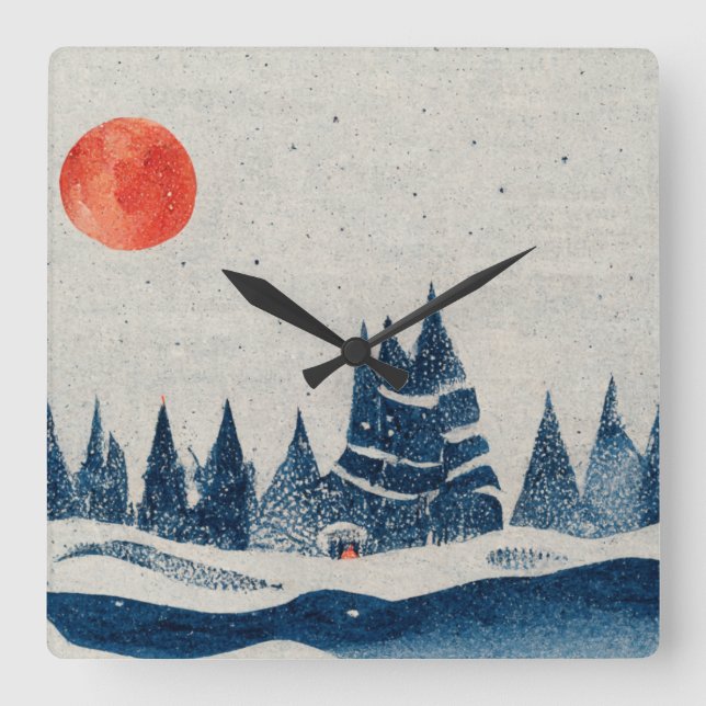 Winter Landscape Forest Navy Blue Red Drawing  Square Wall Clock (Front)