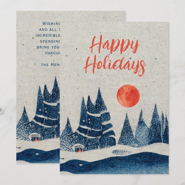 Winter Landscape Forest Orange Moon Navy Blue Holiday Card (Front/Back)