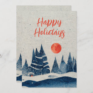 Winter Landscape Forest Orange Moon Navy Blue Holiday Card