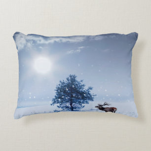 Winter landscape in blue color. Lonely tree and wi Accent Pillow
