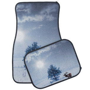 Winter landscape in blue color. Lonely tree and wi Car Floor Mat
