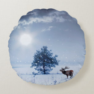 Winter landscape in blue color. Lonely tree and wi Round Pillow