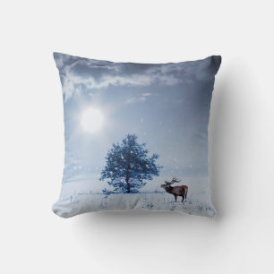Winter landscape in blue color. Lonely tree and wi Throw Pillow