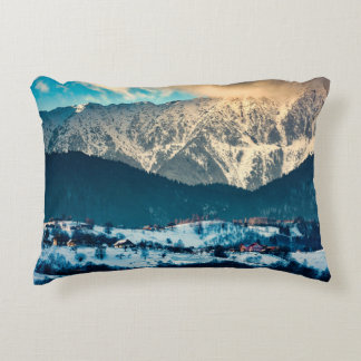 Winter landscape in Carpathian Mountain. Bran, Rom Accent Pillow