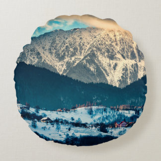 Winter landscape in Carpathian Mountain. Bran, Rom Round Pillow