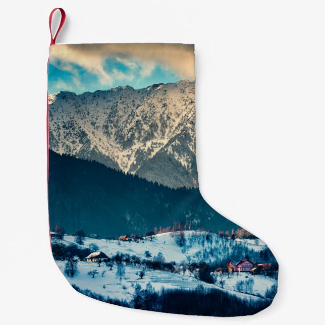 Winter landscape in Carpathian Mountain. Bran, Rom Small Christmas Stocking (Front)