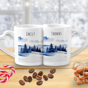 Winter Landscape Interlocking Pair Personalized Coffee Mug Set