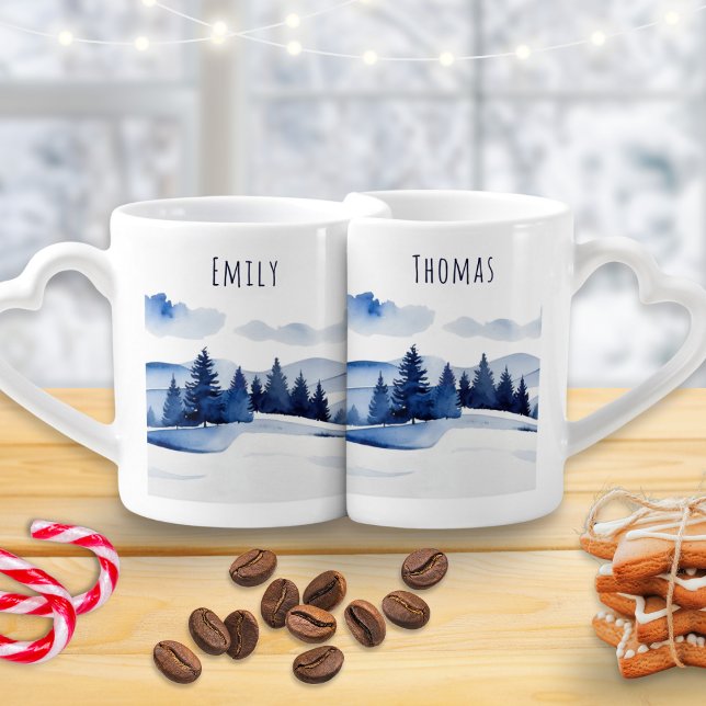 Winter Landscape Interlocking Pair Personalized Coffee Mug Set (A pair of interlocking coffee mugs, with blue and white festive snow scene and customizable names)