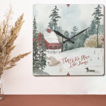 Winter Landscape Lakeside Cabin No Place Like Home Square Wall Clock<br><div class="desc">Winter Landscape Lakeside cabin clock lettered with "There's No Place Like Home" in trendy script typography. This rustic country design has a watercolor scene of a lakeside lodge,  pine trees,  a duck on the lake,  snow and a sled.</div>