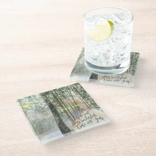 Winter Landscape Most Wonderful Time of the Year Glass Coaster