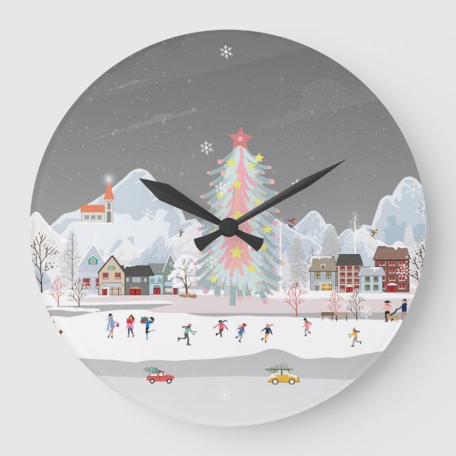 Winter landscape: night village celebration. large clock (Front)