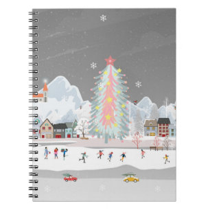 Winter landscape: night village celebration. notebook
