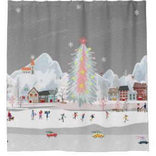 Winter landscape: night village celebration. shower curtain