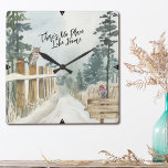 Winter Landscape No Place Like Home Address Square Wall Clock<br><div class="desc">Winter Landscape wall clock personalized with your address and lettered with "There's No Place Like Home" in trendy script typography. This rustic country design has a watercolor scene of a snowy woodland path,  pine trees,  a robin and an owl on the fence posts.</div>