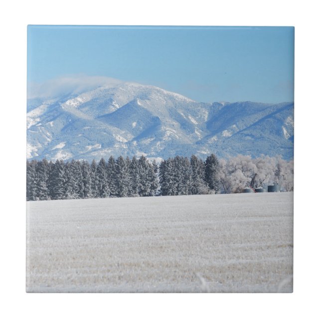 Winter Landscape of Trees, Snow and Mountains Ceramic Tile (Front)