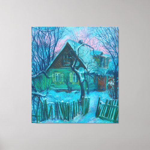 Winter Landscape Old Cottage House Pastel Painting Canvas Print