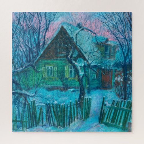 Winter Landscape Old Cottage House Pastel Painting Jigsaw Puzzle