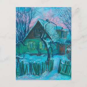 Winter Landscape Old Cottage House Pastel Painting Postcard