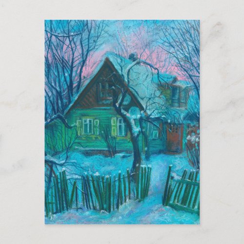 Winter Landscape Old Cottage House Pastel Painting Postcard