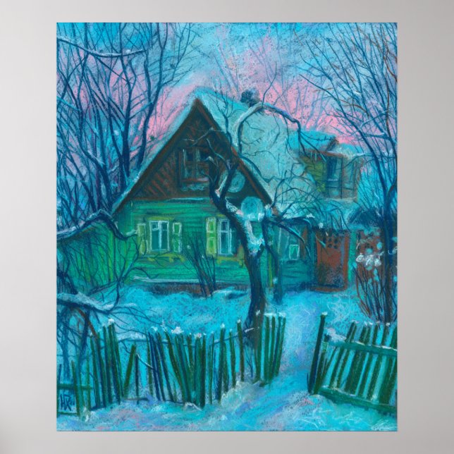 Winter Landscape Old Cottage House Pastel Painting Poster (Front)