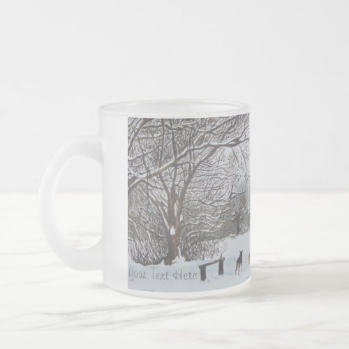 winter landscape picture with dogs playing in snow frosted glass coffee mug