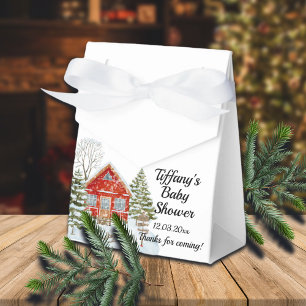 Winter Landscape Red House Baby Shower Favor Boxes