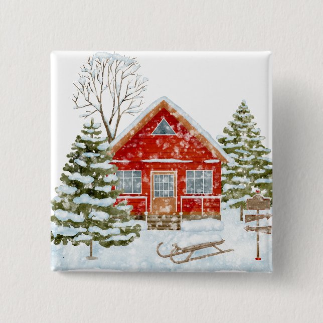 Winter Landscape Red House  Button (Front)