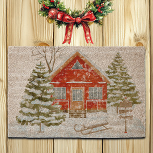 Winter Landscape Red House Fiber Doormat