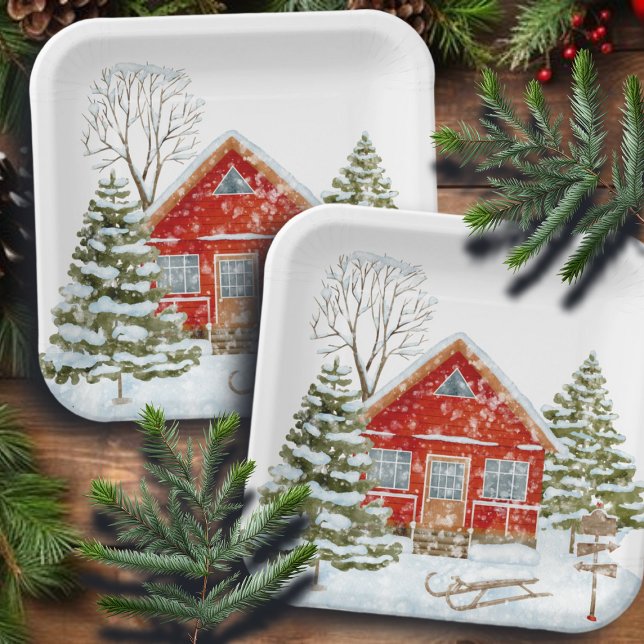 Winter Landscape Red House  Paper Plates (Creator Uploaded)