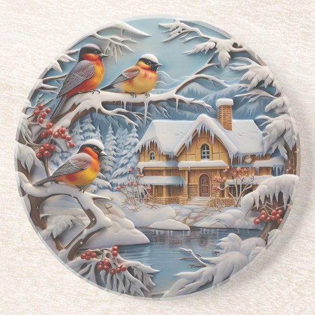 Winter Landscape, Snow, Colorful Birds Coaster (Front)