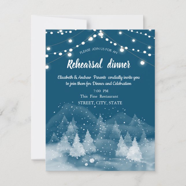 Winter Landscape Snow Rehearsal Dinner Invitation (Front)