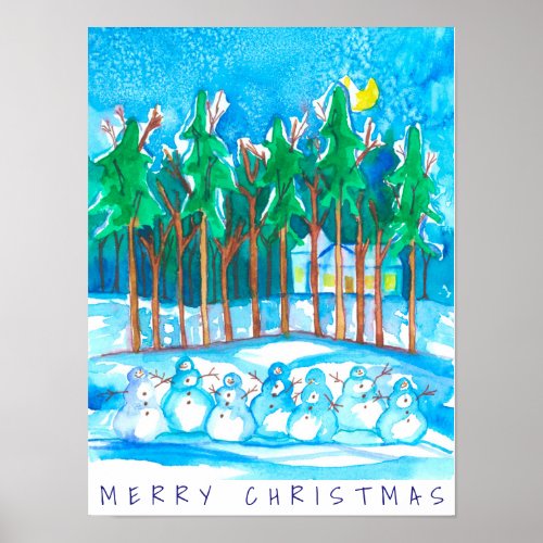 Winter Landscape Snowman Merry Christmas Poster