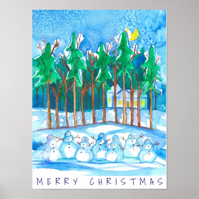 Winter Landscape Snowman Merry Christmas Poster (Front)