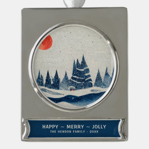 Winter Landscape Snowy Forest Moon Blue Drawing Silver Plated Banner Ornament