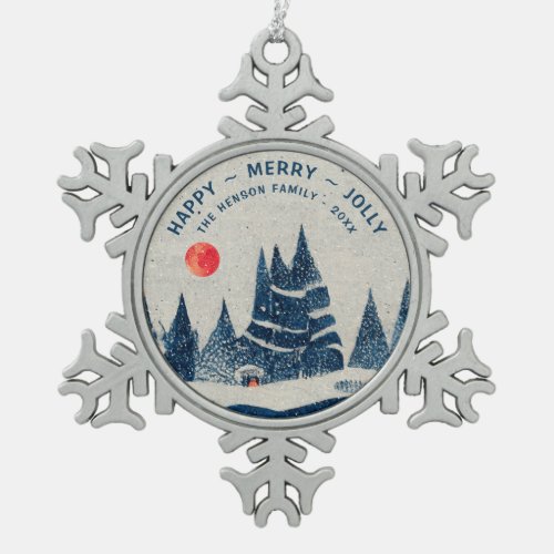 Winter Landscape Snowy Forest Moon Family Snowflake Pewter Christmas Ornament
