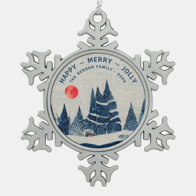 Winter Landscape Snowy Forest Moon Family Snowflake Pewter Christmas Ornament (Front)